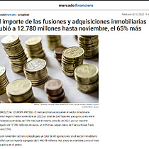 El importe de las fusiones y adquisiciones inmobiliarias subi a 12.780 millones hasta noviembre, el 65% ms